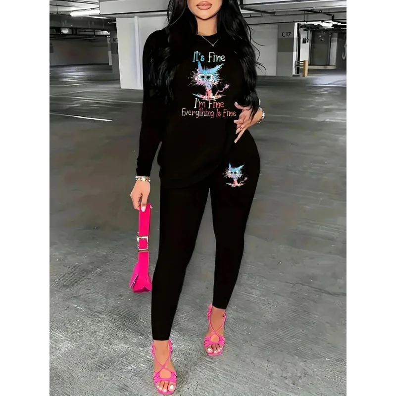 

Женская толстовка с круглым вырезом и забавным узором, комплект с длинными рукавами большого размера