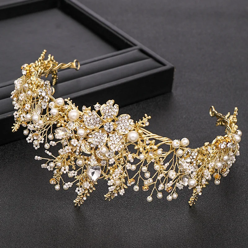 Luxury Handmade Baroque Rhinestone Pearl Crystal Wedding Bridal Crown Hair Accessory Queen Party Crowns for Wedding Pageant