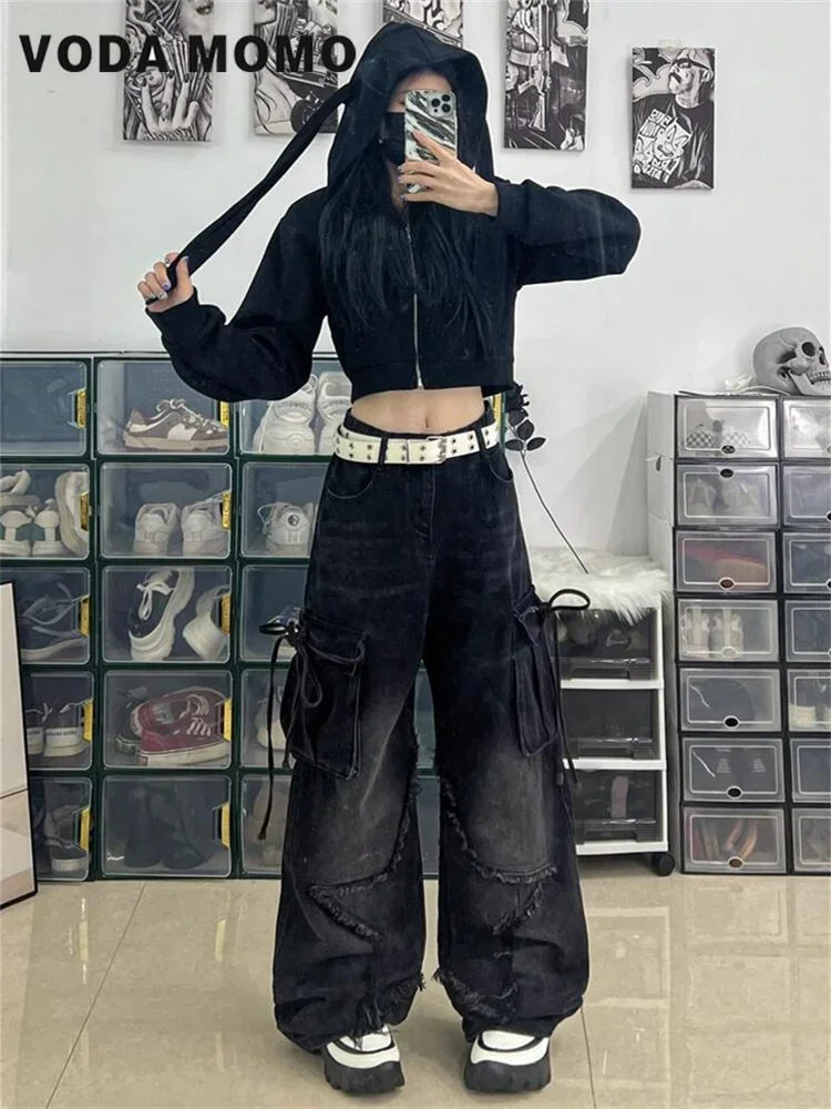 Women 2024 Harajuku Denim Trousers Y2k Aesthetics Clothes Cargo Jeans Baggy Vintage Design sense Aesthetic High Waist Pants