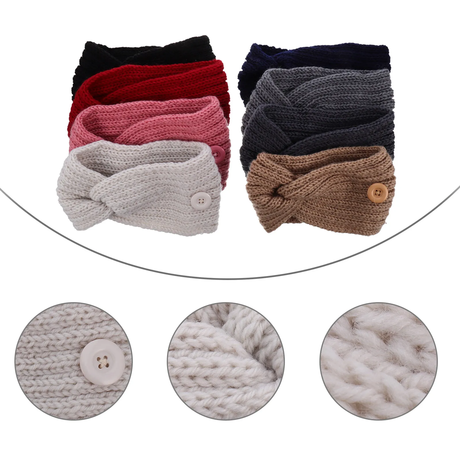 

8Pcs Warm Knit Headband for Face Mask Anti-Ear Strain Button Design Winter Women Hair Accessory Soft Skin-Friendly 8 Colors