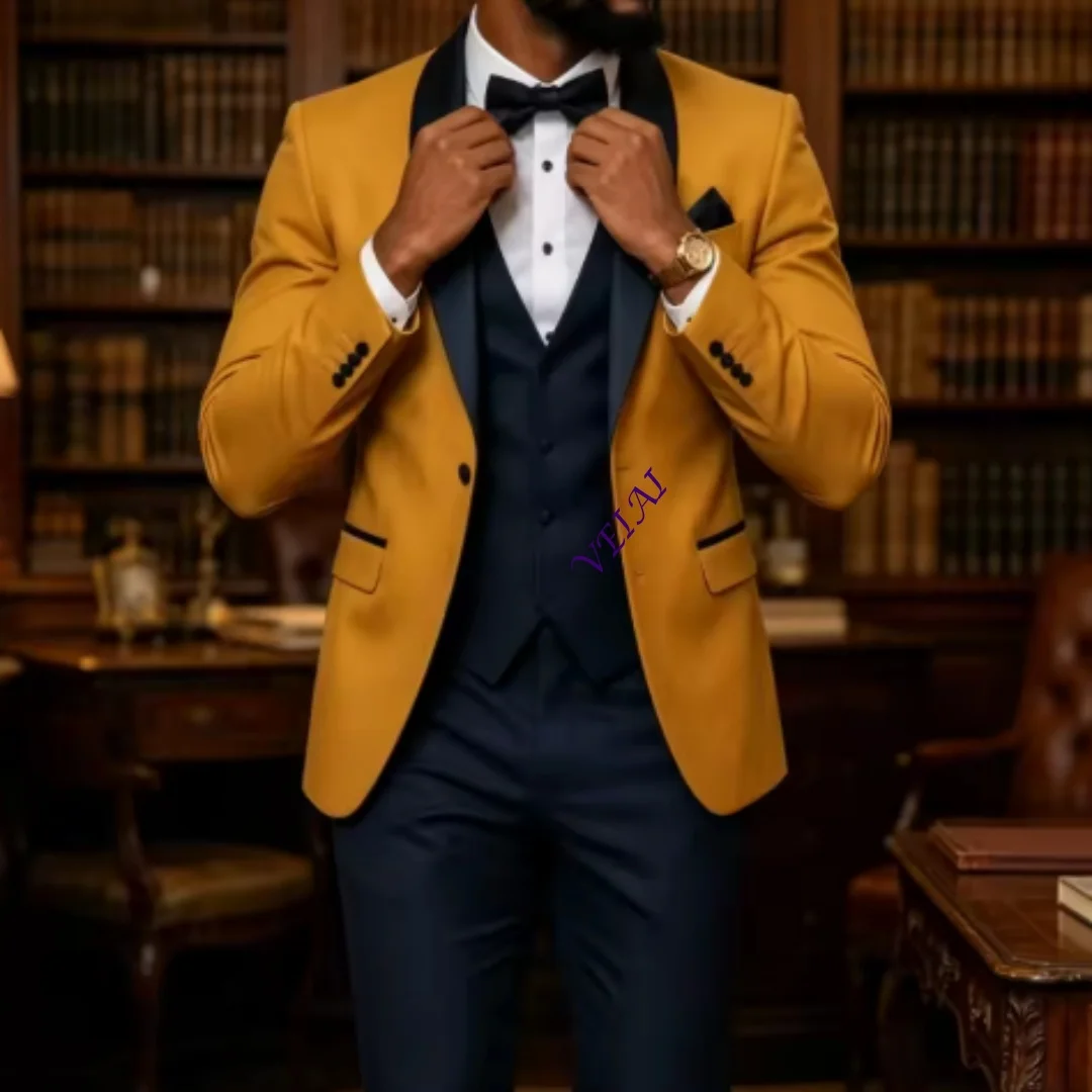 CustomizedGold And Navy Blue Men Suit Wedding Party Formal Groom Groomsman Prom Business Male Tuxedos 3 Piece Set Jacket Vest Pa