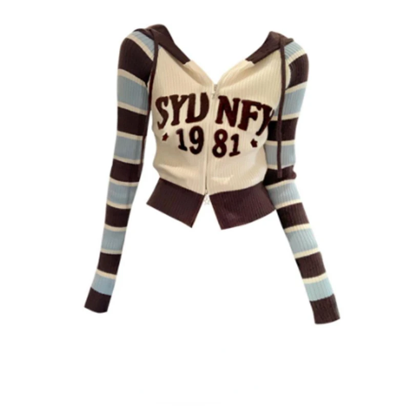 

E-Girl Contrast Color Striped Letter Print Patchwork Women Cardigan Aesthetic Sweet Knitted Chic Fashion Jumpers