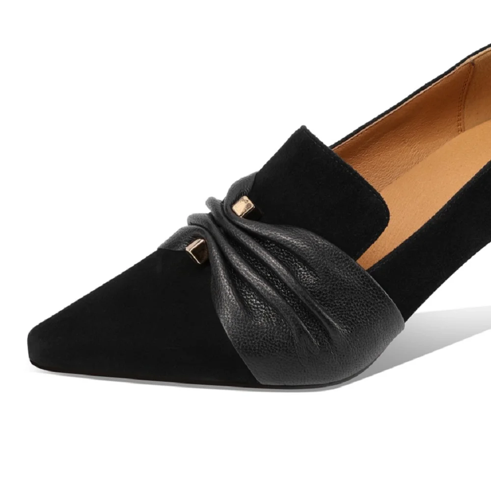 【JOCHEBED HU】Women\'s Handmade Genuine Leather Heel Shoes New Retro Suede Shallow Mouth Pointed Shoes Business Shoes 33-43