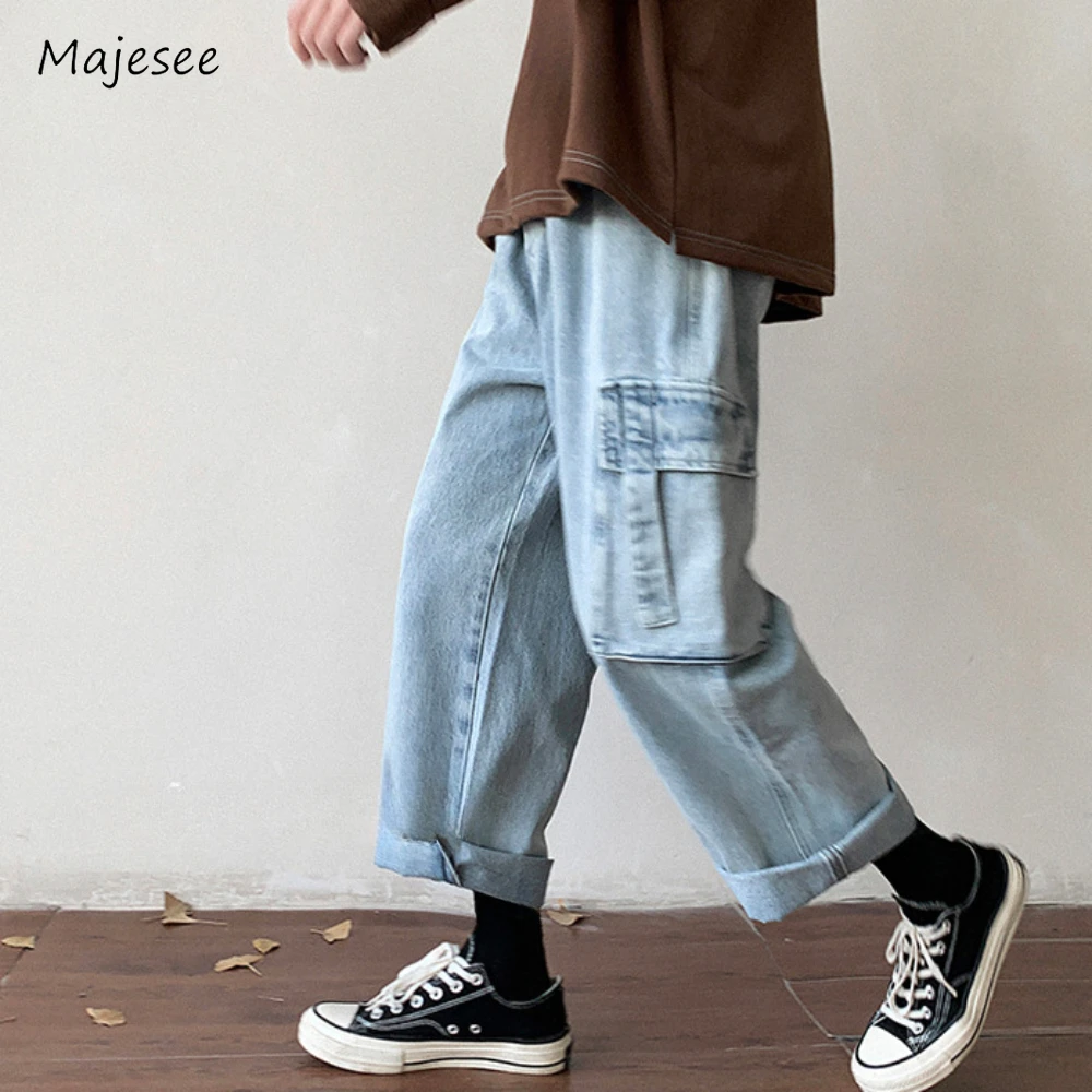 

Multiple Pockets Jeans for Men Baggy Hip Hop Fashionable Wide Leg American Style Vintage Shopper Comfortable Harajuku Leisure