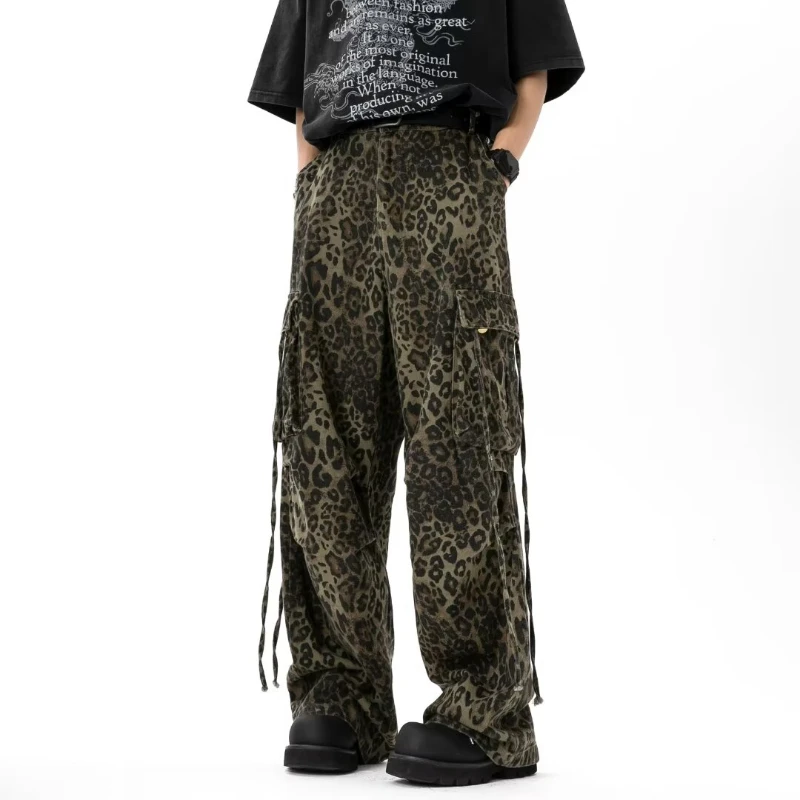 Retro Wide Leg Tooling Pants Mens American High Street Leopard Print Straight Leg Trousers 2024 Multi Pocket Drawstring Overalls