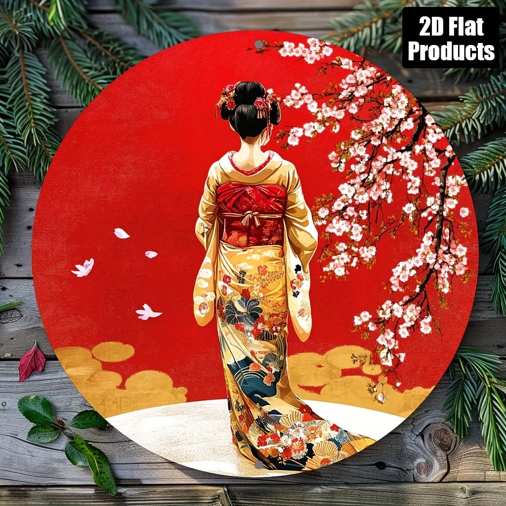 Japanese Sakura Geisha Metal Wall Art, Round 2D Flat Aluminum Sign, Waterproof Rustproof Indoor Outdoor Decor, Gift