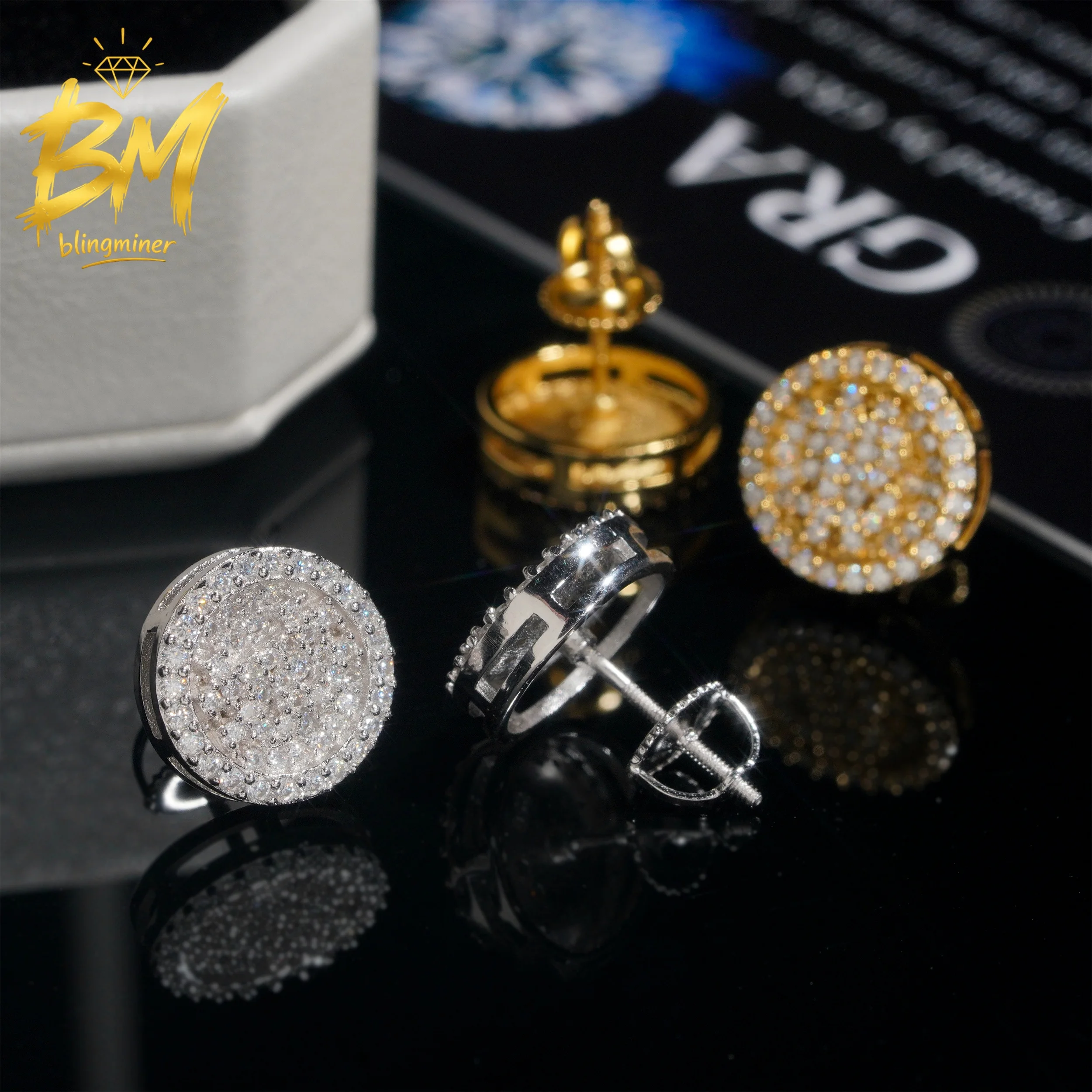 Blingminer 12mm Round VVS Moissanite Earrings For Men Women S925 Silver Ear Studs Jewelry Pass Diamonds Tester GRA Free Shipping