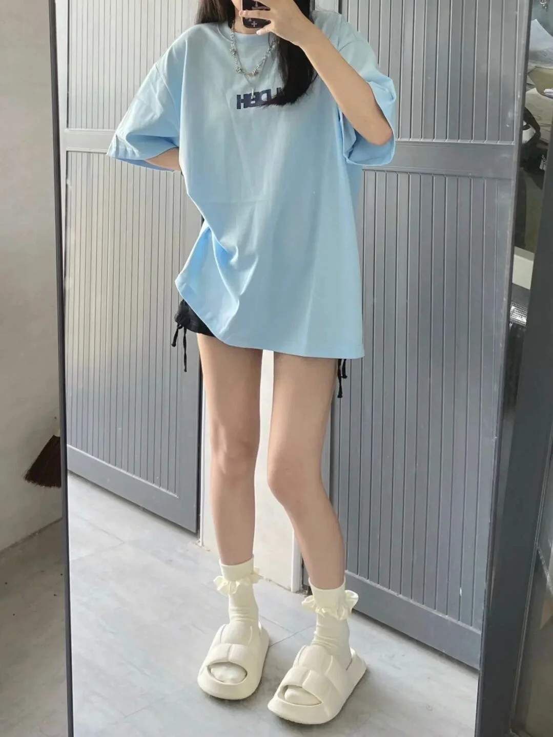 Sweet Light Blue Pure Cotton Short Sleeve T-Shirt Women's Summer Oversize Casual Style Loose Fit Basic Printed Top Trendy