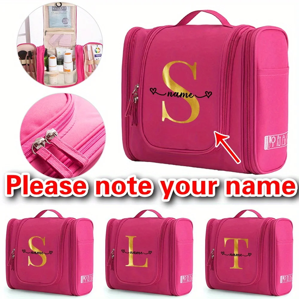 

Customizable Name Pink Women's Makeup Bag Makeup Storage Function Hanging Makeup Bag Travel Large Capacity Handbag Letter Series