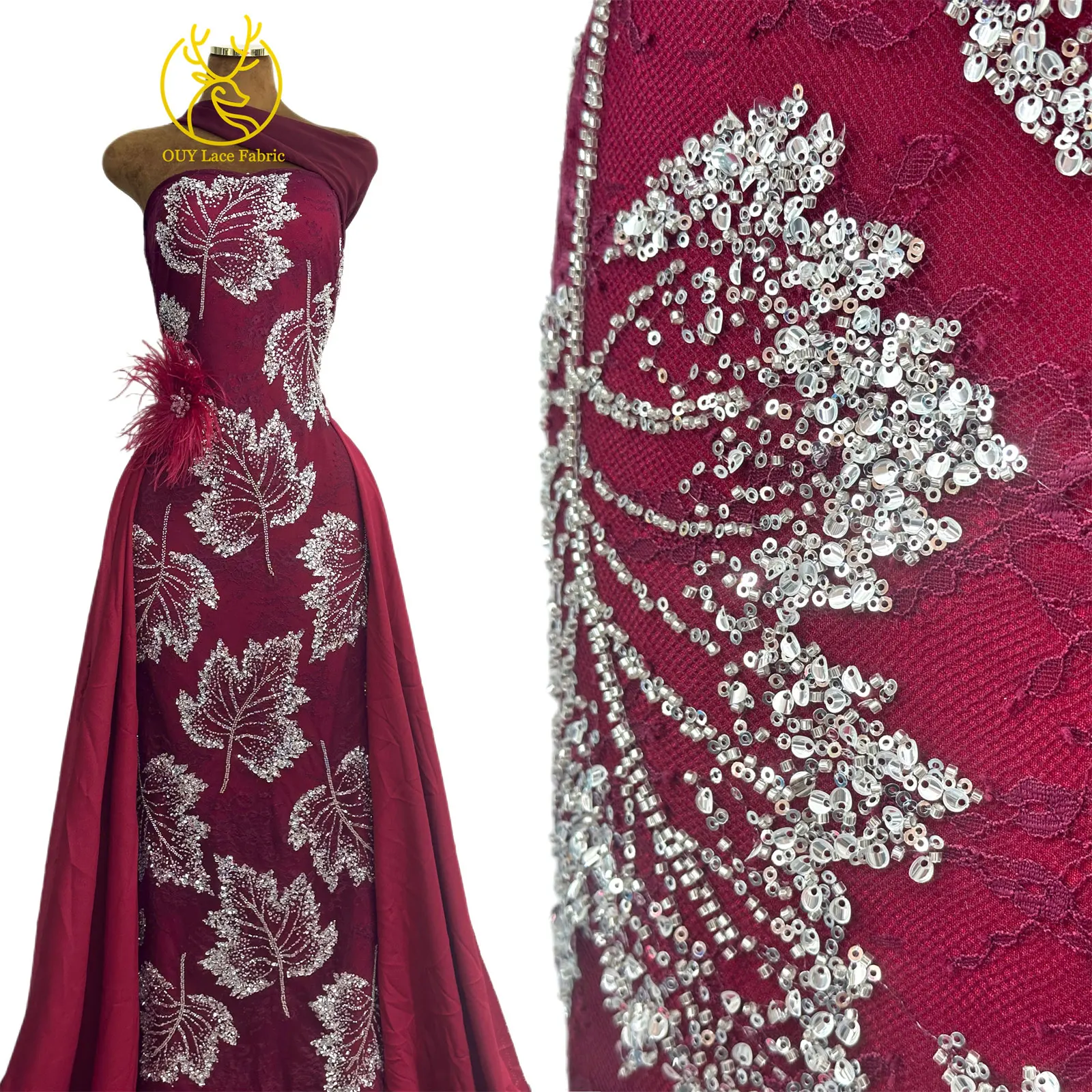 Weinroter afrikanischer bestickter Perlen-Spitzenstoff, 5 Yards, französisches Blattmuster, Pailletten-Tüll-Spitzenstoff für Hochzeits- und Partykleider – Detail 6