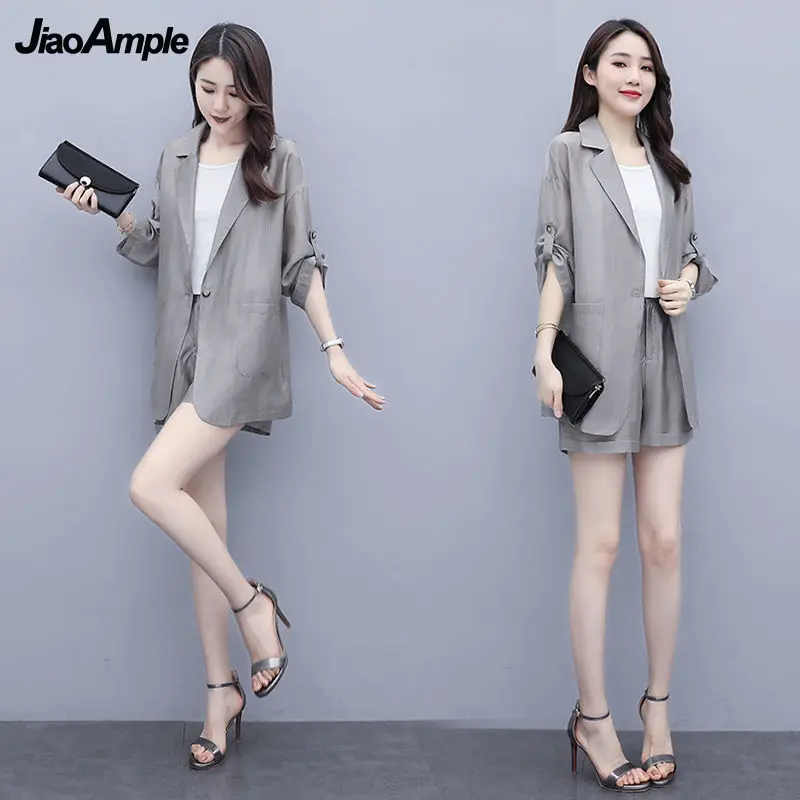 Women\'s Summer Ice Silk Suit Shorts 2 Piece Set 2024 New Casual Blazers Pants Set Korean Fashion Elegant Professional Wear