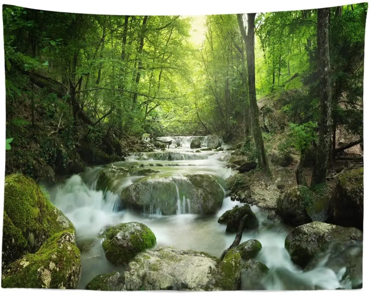 Green Forest Tapestry Backdrop Small Waterfall Wall Tapestry Natural Scenery River Stream Wall Hanging Forest Landscape