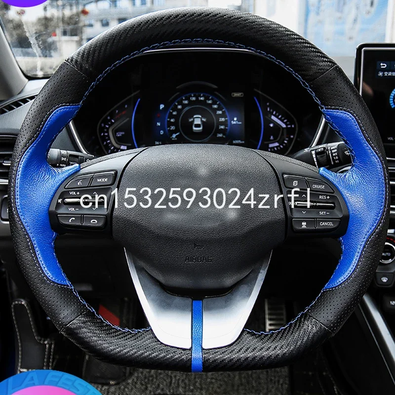 

Black Blue Leather DIY Hand stitched Car Steering Wheel Cover for Hyundai LA FESTA