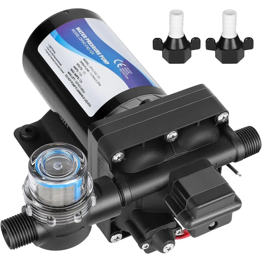 

4048-153-E75 Водяной насос для автодомов, 12 В, 4,5 галлонов в минуту, 55 фунтов на квадратный дюйм, 12 А, многофункциональный автоматический запотевающий насос для автофургонов, морской яхты, заменяет