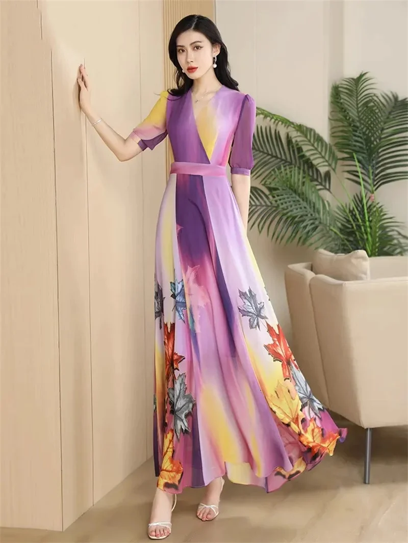 Purple Printed Dress For Women in the Summer of 2024 Chiffon Style Appears Slim Super Long Large Hem With a Delicate Ankle Skirt