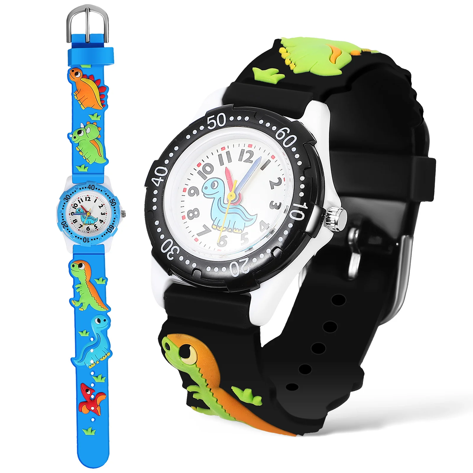 2 pcs Waterproof Watches 3D Dinosaur Cartoon Design Time Learning Watch For Pvc Strap Adjustable Quartz Watch For