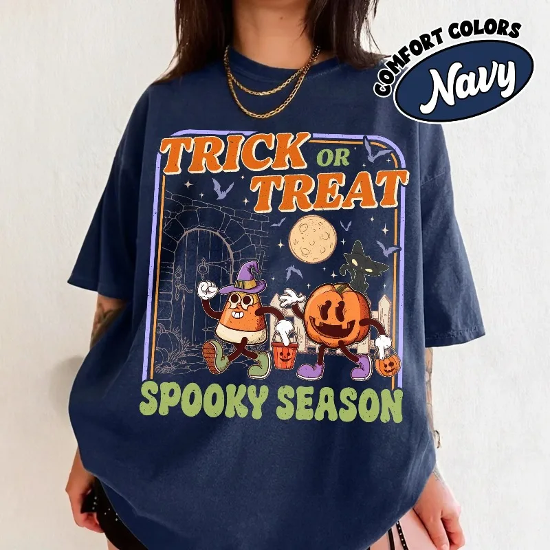 Autumn New Base Shirt Unisex T-shirt Candy Corn And Jack O Lantern Halloween Tee, Cute Retro Spooky Graphic Tshirt, Fall Gift