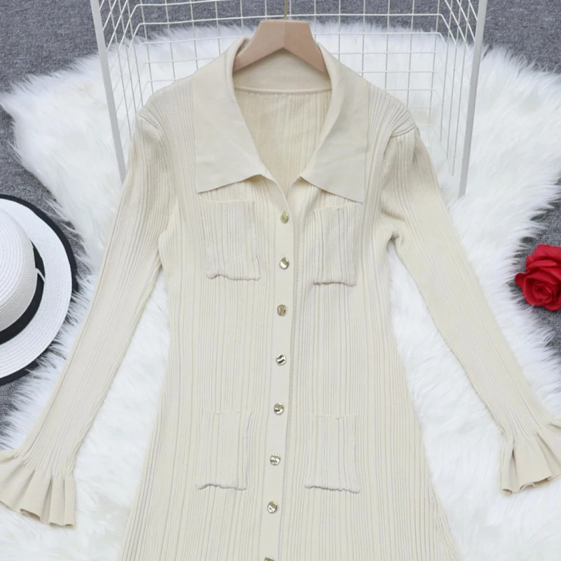 ALPHALMODA 2024 Autumn Winter New High-end Long Sleeved Knitted Dress Women Elegant Single Breasted Winter Dress