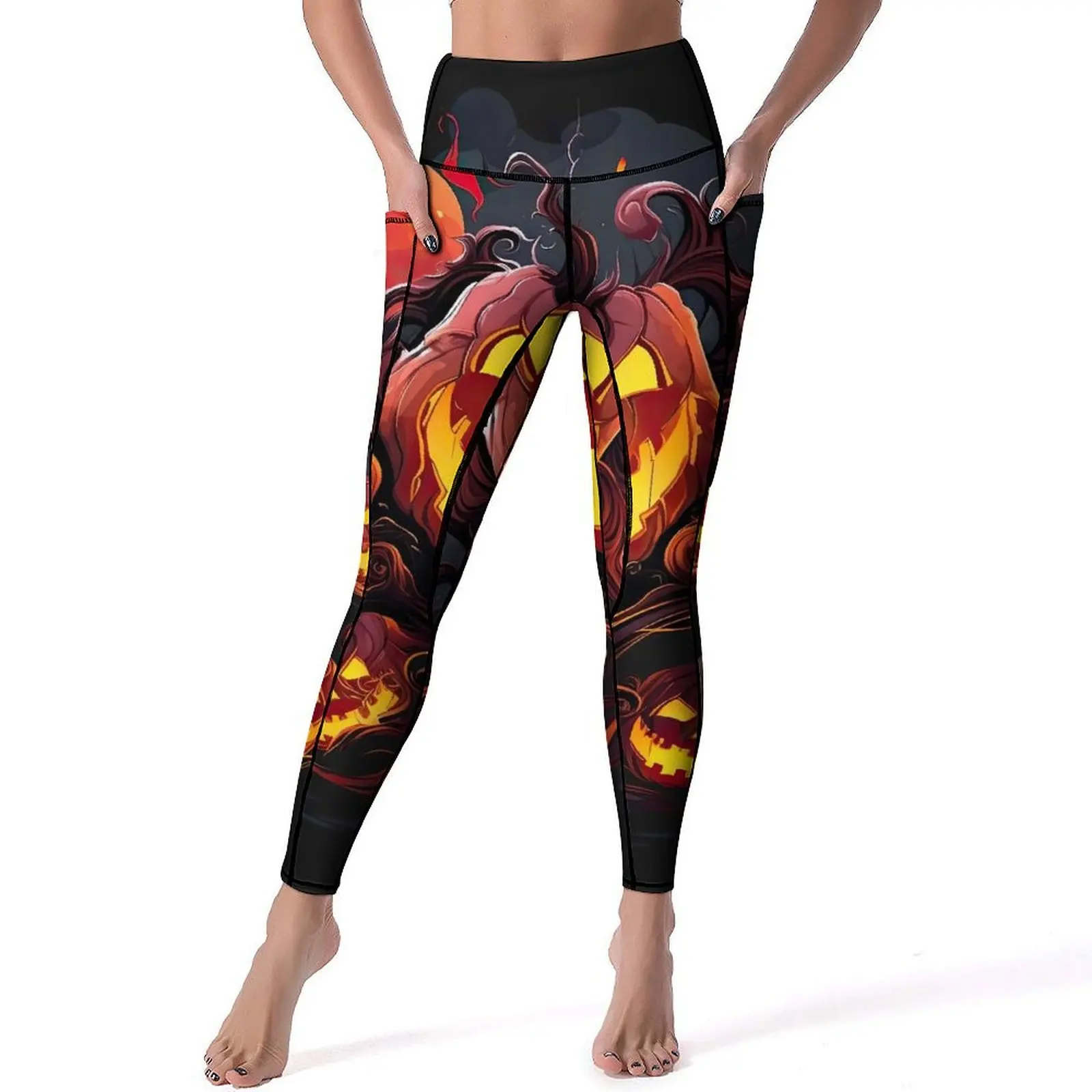 Pumpkins in Fire Yoga Pants Women Funny Halloween Leggings Push Up Novelty Yoga Legging Stretch Design Fitness Sports Tights