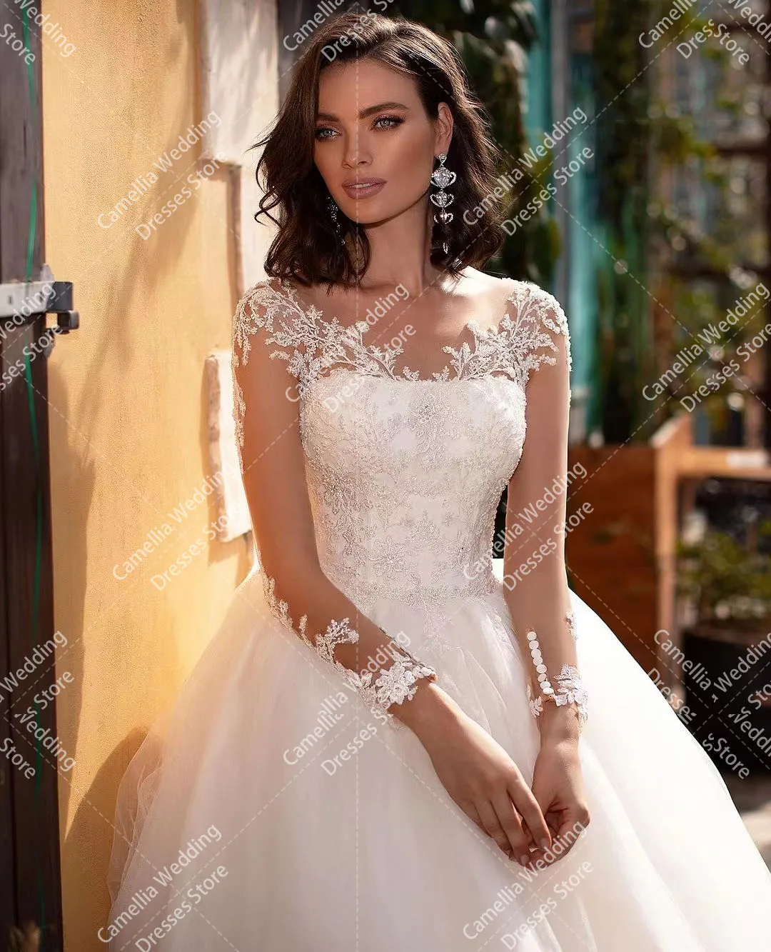 Magníficos Vestidos de novia Acampanados para mujer, Vestidos de novia de manga larga con apliques de ilusión, elegantes y formales, 2024