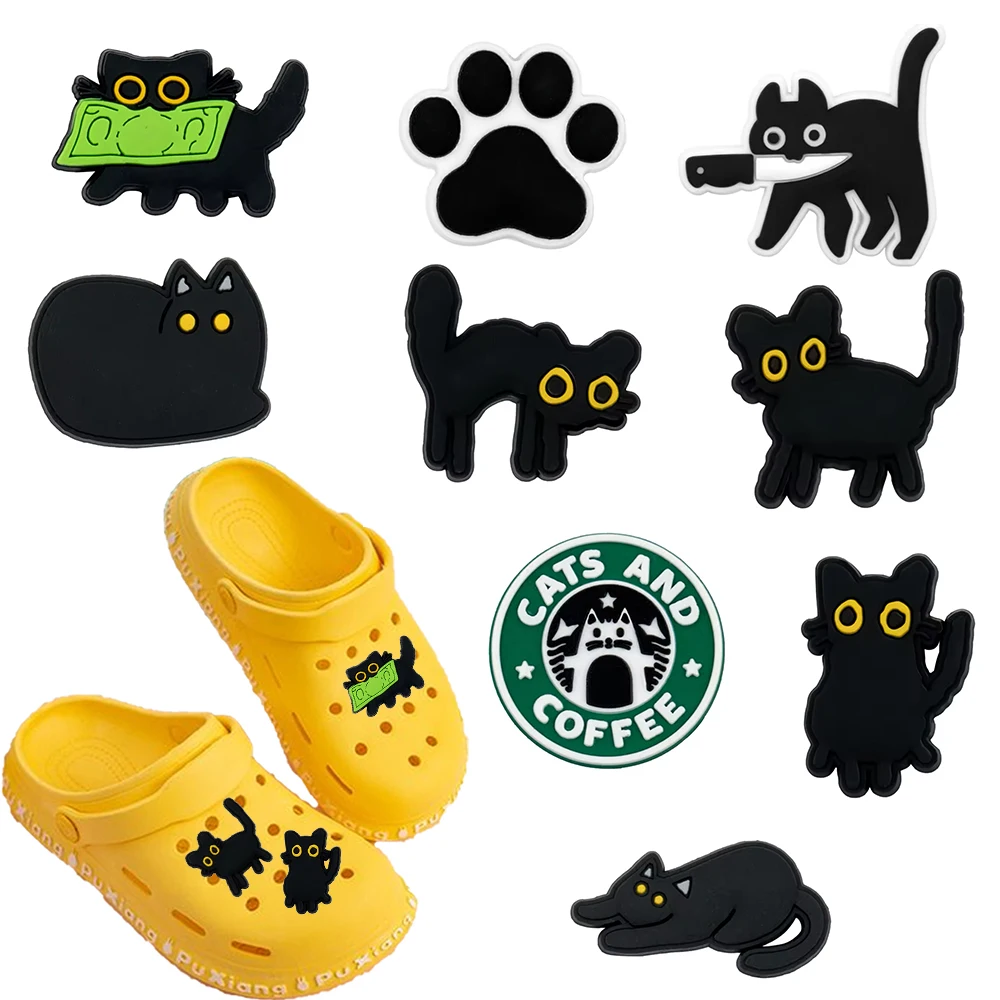 9-teiliges Set Trendige Cartoon Schwarze Katzen-Serie PVC-Schuhzubehör Armbänder Pantoffel-Dekoration DIY Kreativität Schuh-Accessoires