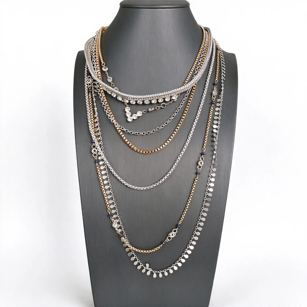 Vintage Punk Multi-strand Layer Necklace Women Bohemian Statement Mixed Tone Metal Oval Disc Pendant Rhinestone Beaded Necklace