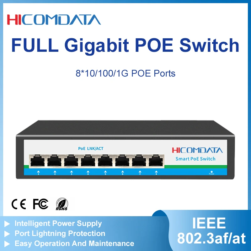 

HICOMDATA Poe Switch 8 10 Ports 1000 Mbps Gigabit Switch SFP RJ45 Port for IP Camera NVR Wireless AP CCTV