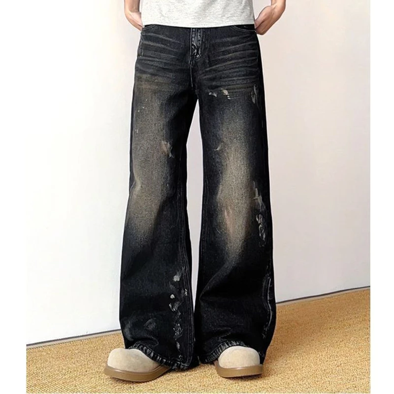 Men's Splashing Ink Design Wide Leg Black Jeans Spring Pants Street Style Cool Boy Sweatpants Male Personality Denim Trousers