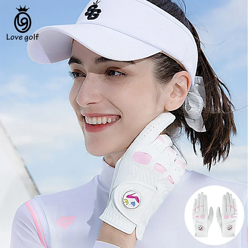 

Love Golf 1 Pair Women Lambskin Leather Golf Gloves with Mark Ladies Anti-skid Elastic Sports Mittens Hook and Loop Soft Gloves