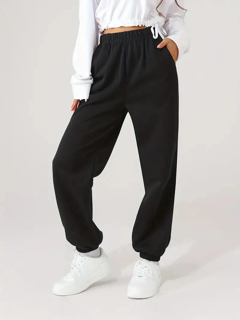 

Plain elastic waist casual sports pants, slanted pocket light elastic sports jogging pants, women's sports and leisure