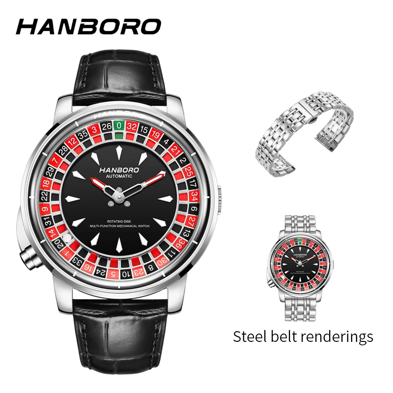 Fully automatic mechanical watch with Casino Roulette Rotating Disk Dialleather stra from local warehouse in the US
