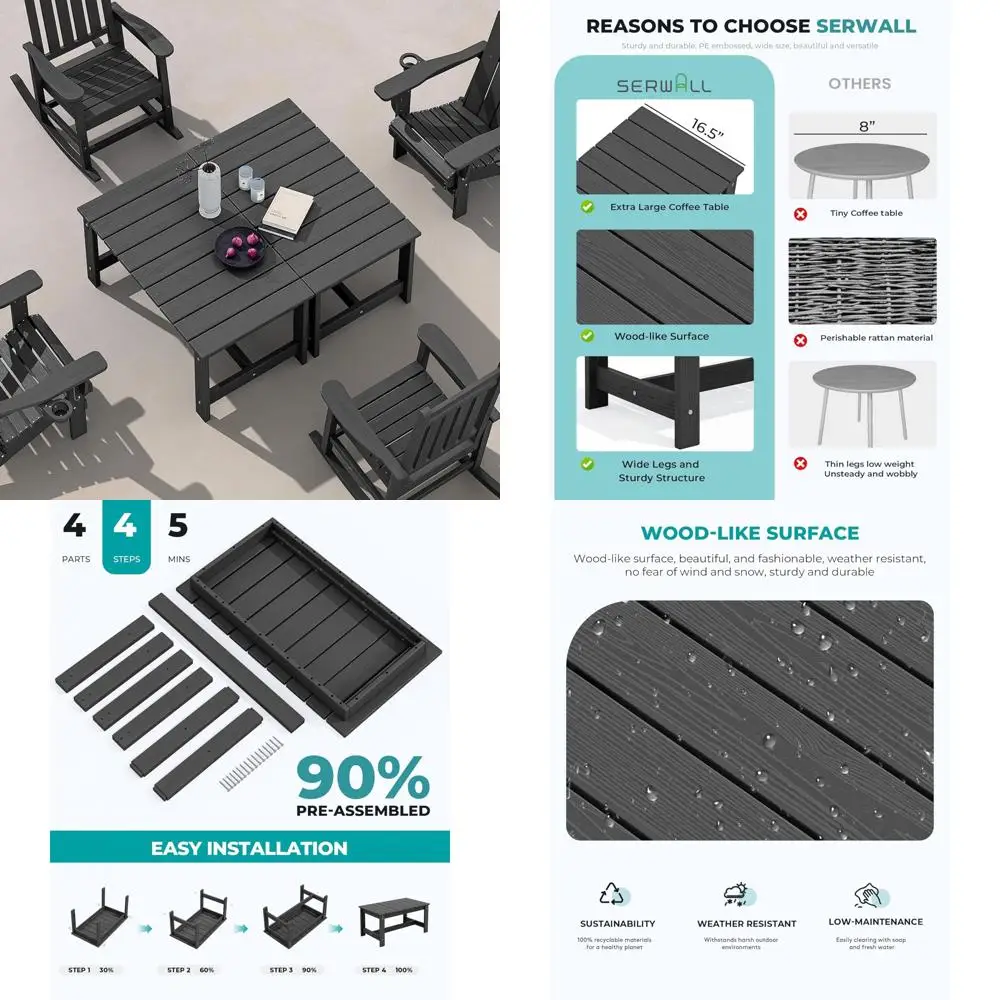 Conjunto de mesa de centro externa retangular HDPE, preto, conjunto de 2