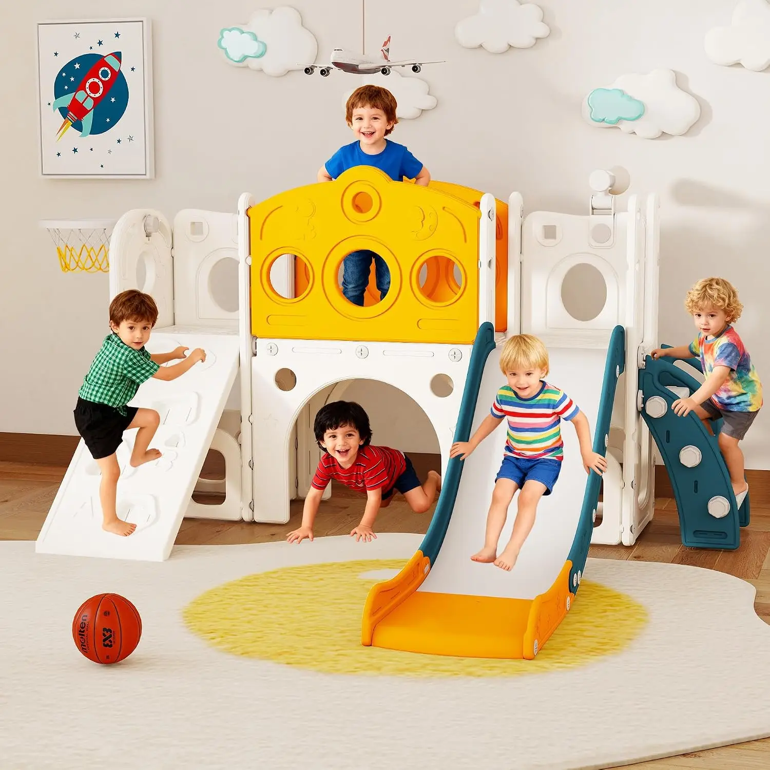 9 in 1 Toddler Slide Set Playground Indoor & Outdoor Fun for Kids & Babies Aged 1-3, Featuring Climbing Board, Basketball Hoop,