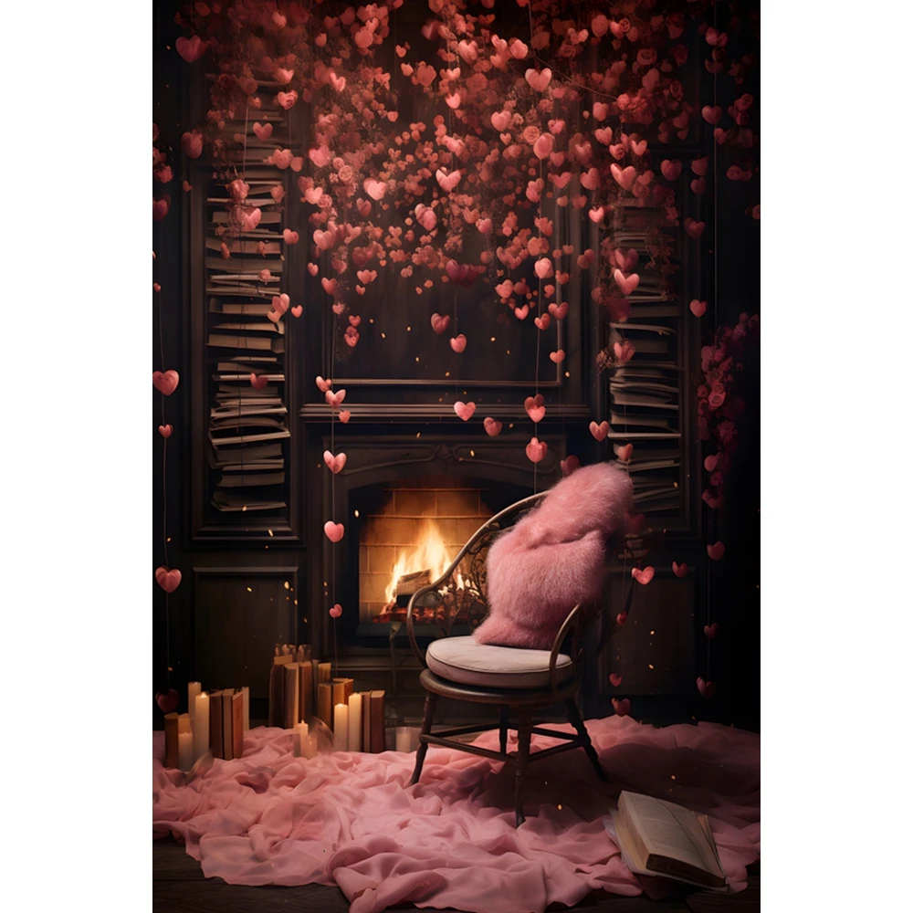 핑크 발렌타인 데이 커튼 사진 배경 사랑 풍선 장미 촛불 실내 장식 커플 초상화 배경 스튜디오