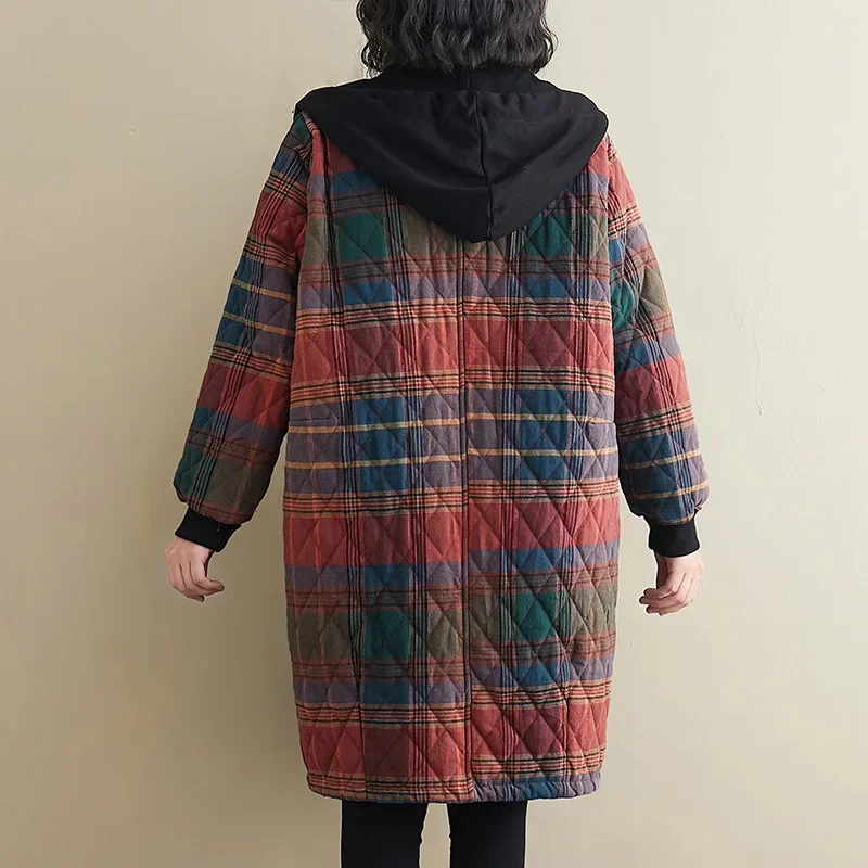 Manteau mi-long à carreaux pour femmes, veste rembourrée à capuche, parka chaude, vêtements de loisirs, mode coréenne, grande taille, hiver