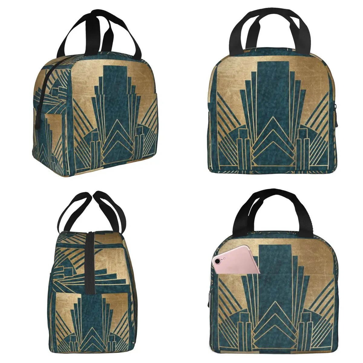 

Art Deco Glamour - Изолированная сумка для обеда в стиле арт-деко, цвета бирюзового и золотого, для детей, школьная термосумка для еды, портативный контейнер для обедов