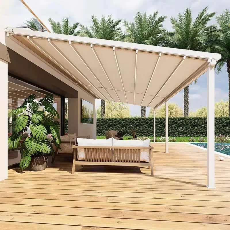 Outdoor Electric Retractable 4m Garden Cassette Awning Aluminum Alloy Frame Powder Coated PVC Sail Foldable Aluminum Awnings