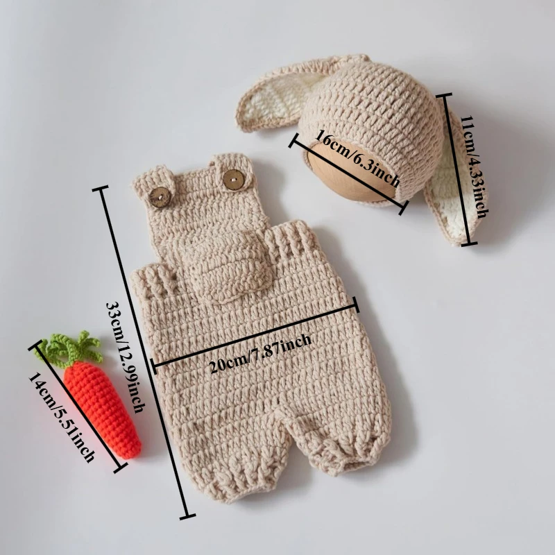 Cute Bunny Costume Newborn Photography Outfits Soft Knitted Rabbit Shape Hat and Jumpsuits with Carrot Clothes Baby Photo Props
