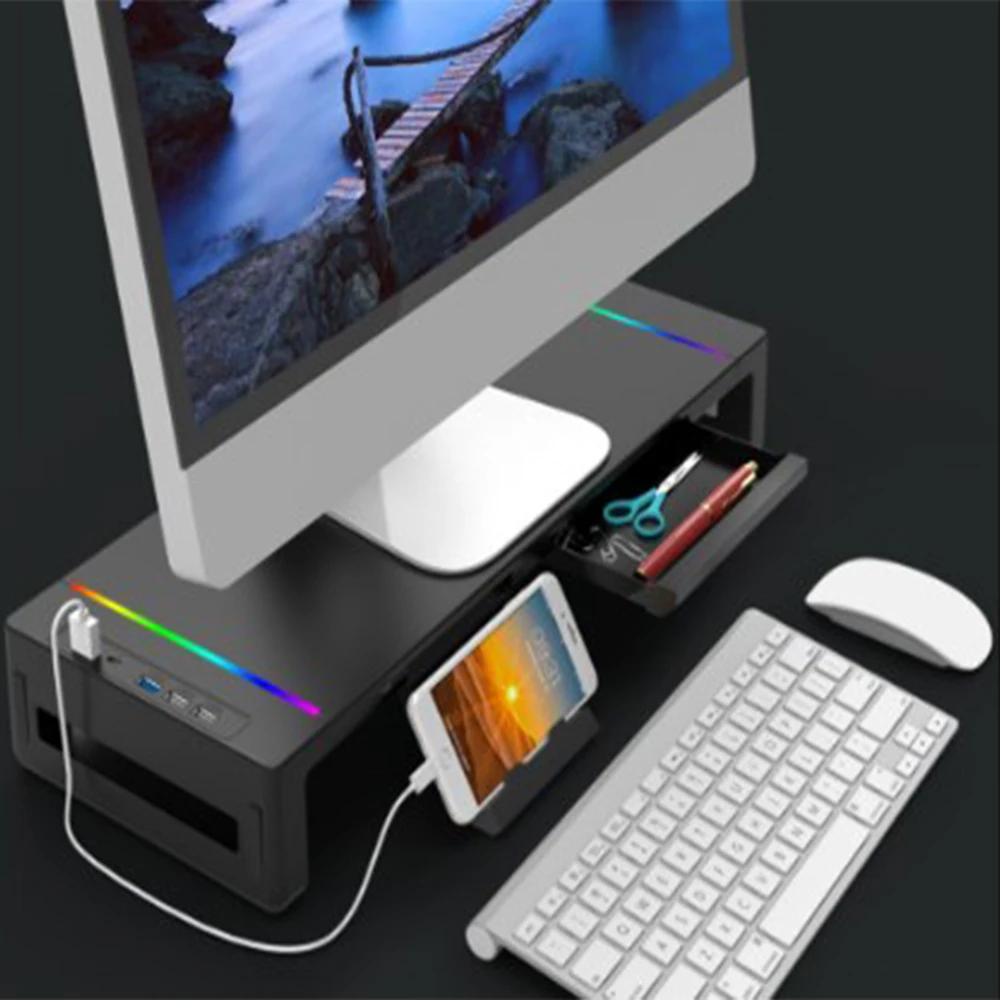 

RGB Computer Monitor Holder Portable Monitor Stands Riser Desk with USB3.0 Port Keyboard Mouse Storage Shelf Screen Rack