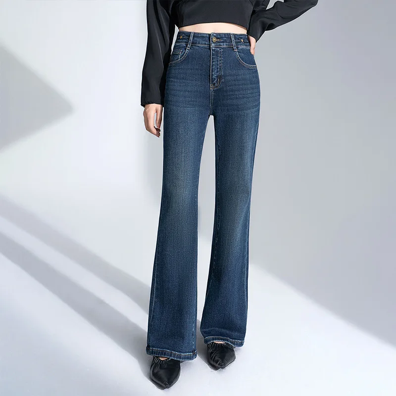 여성용 빈티지 플레어 진 봄과 가을 신상 하이웨이스트 스트레치 슬림핏 드레이프 벨바텀 블루 부츠컷 팬츠