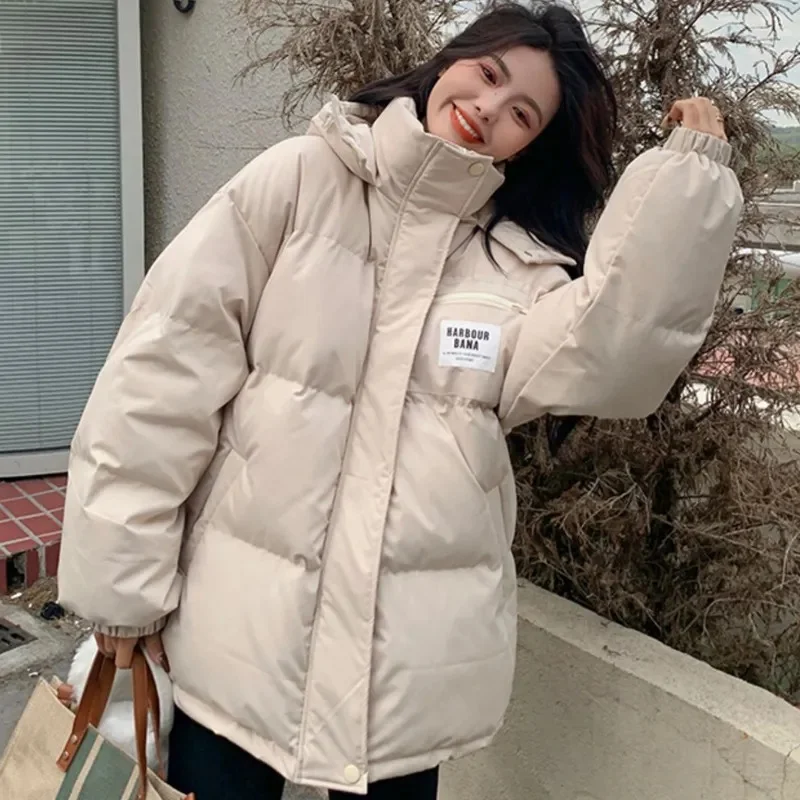 Korean Ladies Thickening Puffer Coat Winter Female Solid Color Warm Cotton Padded Coat 2024 Women Loose Fit Cotton Padded Jacket