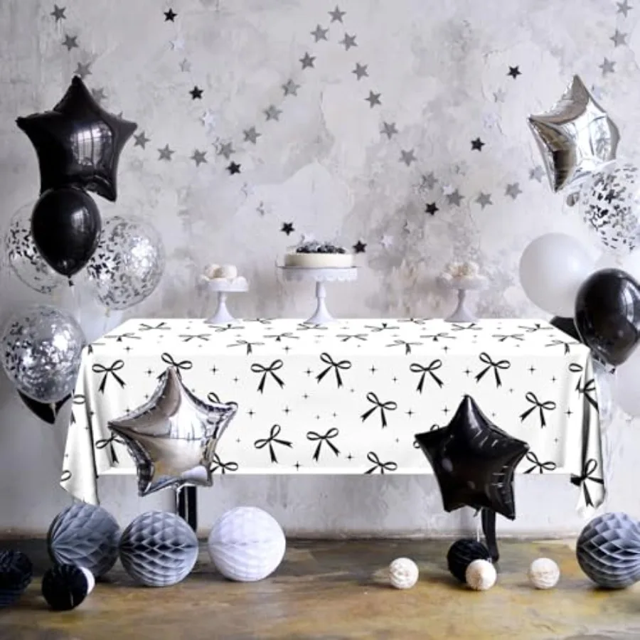 3 Pack Black Bow Tablecloth Coquette White Black Bow Theme Party Decorations Disposable Rectangle Waterproof Table Cover for Wo