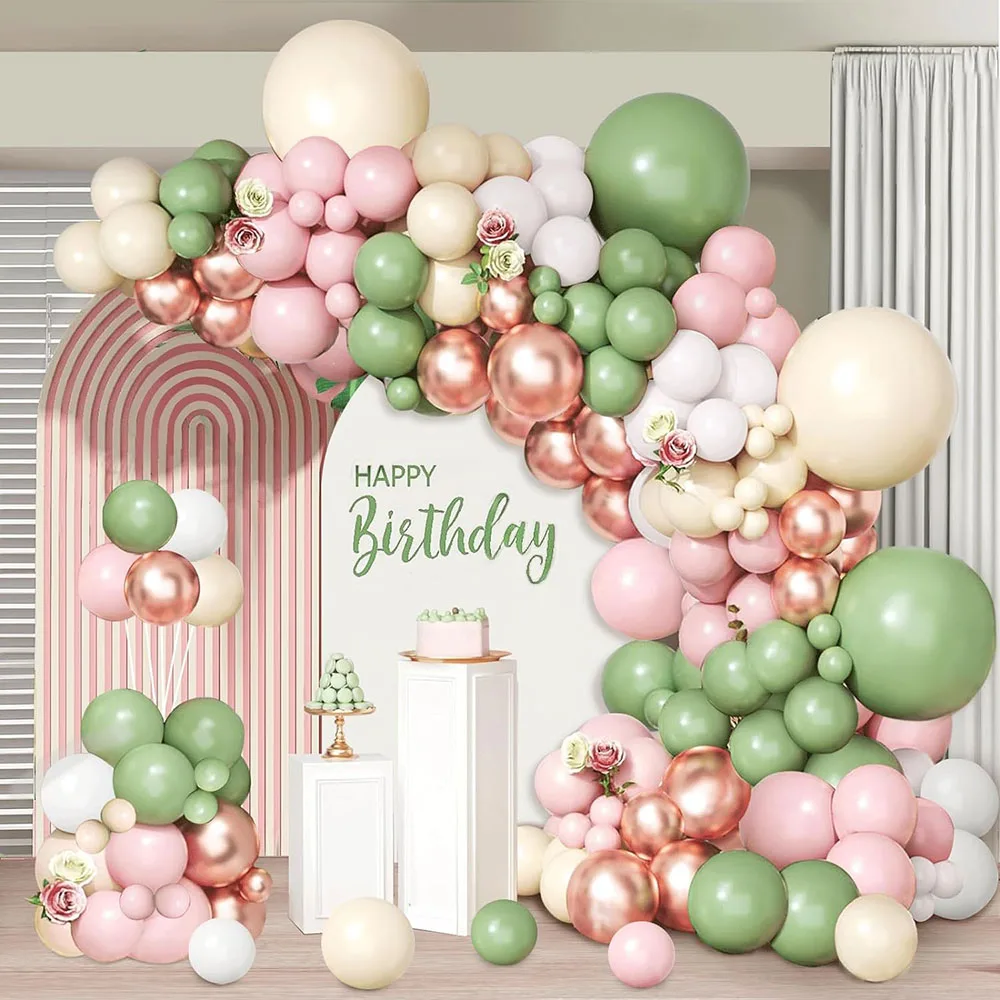 Gray Green Pink Balloon Garland Arch Set, Blush Pink Rose Gold Latex Balloon Olive Green and White Sand Balloon Suitable for Bohemian Birthday Baby Shower Wedding Jungle Hunting Party Decoration