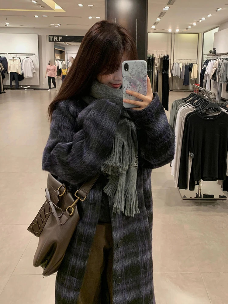 plus Size Women's Thickened Autumn Winter Plaid Woolen Coat Loose Fit Long Style Korean Retro Style Commute Suitable for Pear...