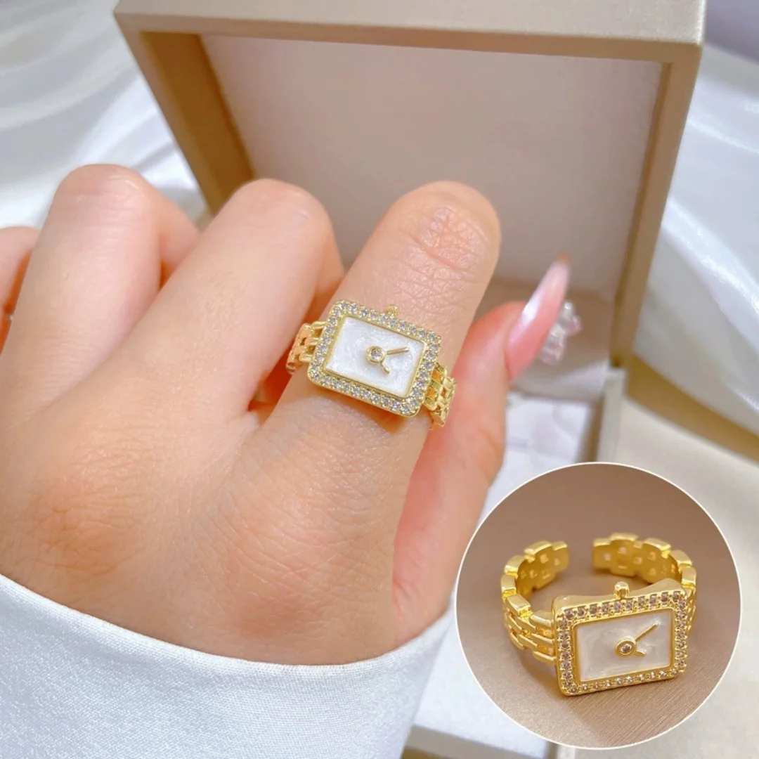 Fashion Zircon Square Clock Chain Open Ring Charm Clock-Shape Finger Ring For Women Girls Jewelry Gift Wholesale