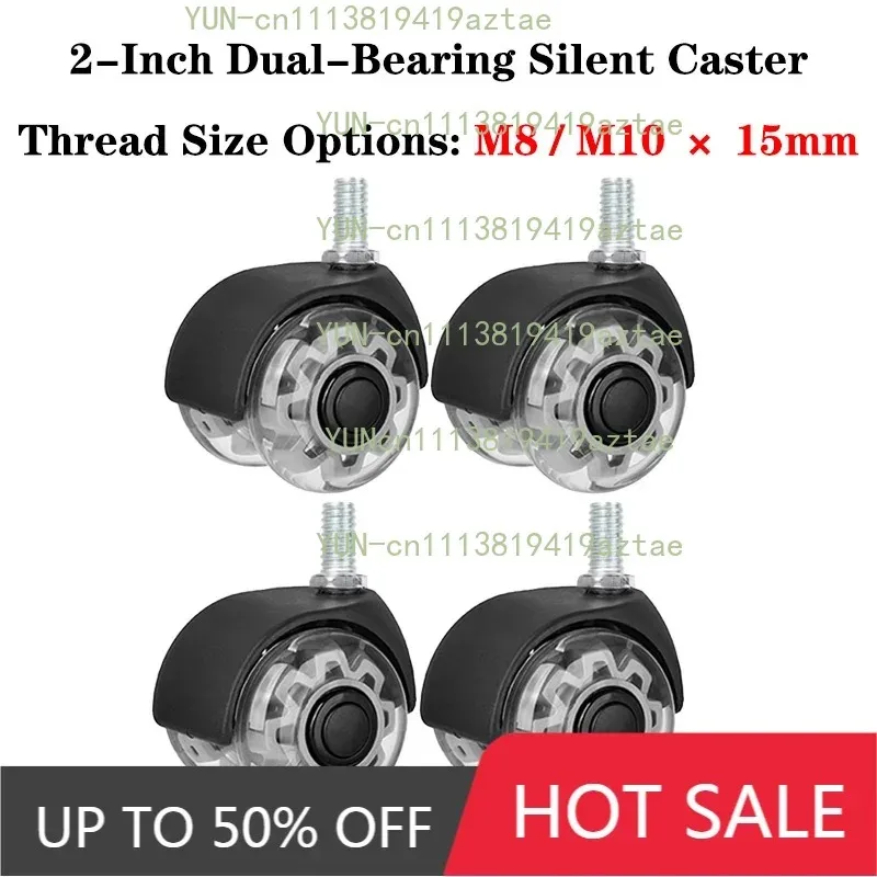 4pcs 2 Inch PU Dual Bearing Silent Caster Wheels M8 M10 X 15mm Threaded Stem 360° Swivel Wheels For Furniture Office Chair Cart