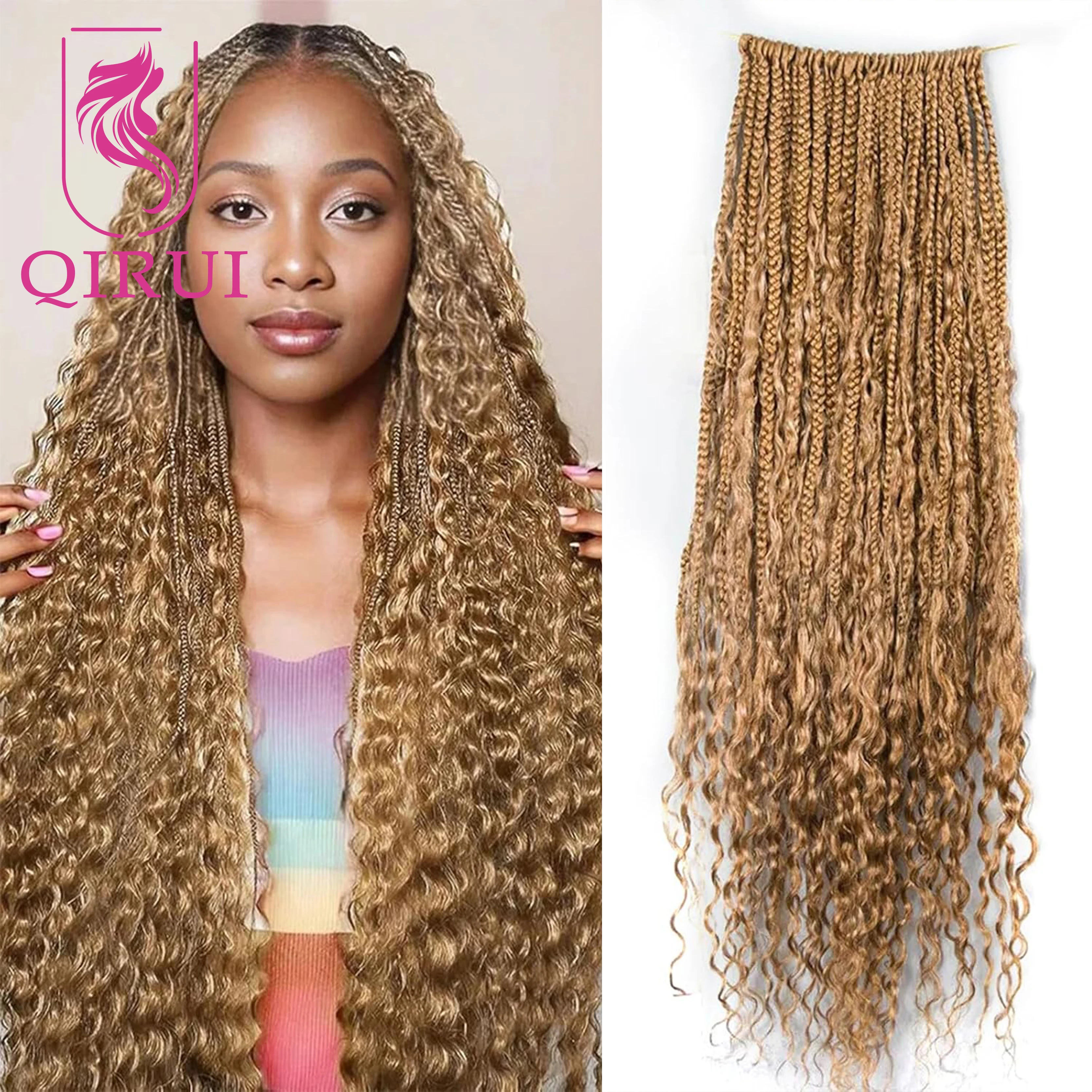 

Color #27 Crochet Boho Box Braids With Human Hair Curls Pre Looped Box Braiding With Curly Human Hair Full Ends Hair Extensions