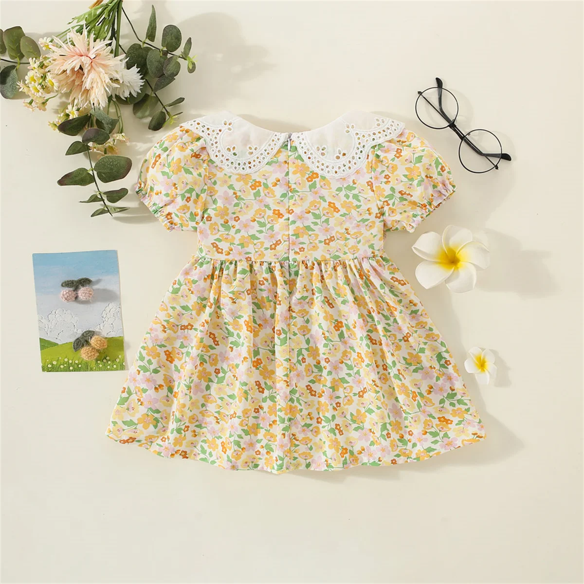 2 pezzi/set della nuova estate vestito floreale per bambini con risvolto manica corta gonna in Chiffon al ginocchio per l\'uso quotidiano