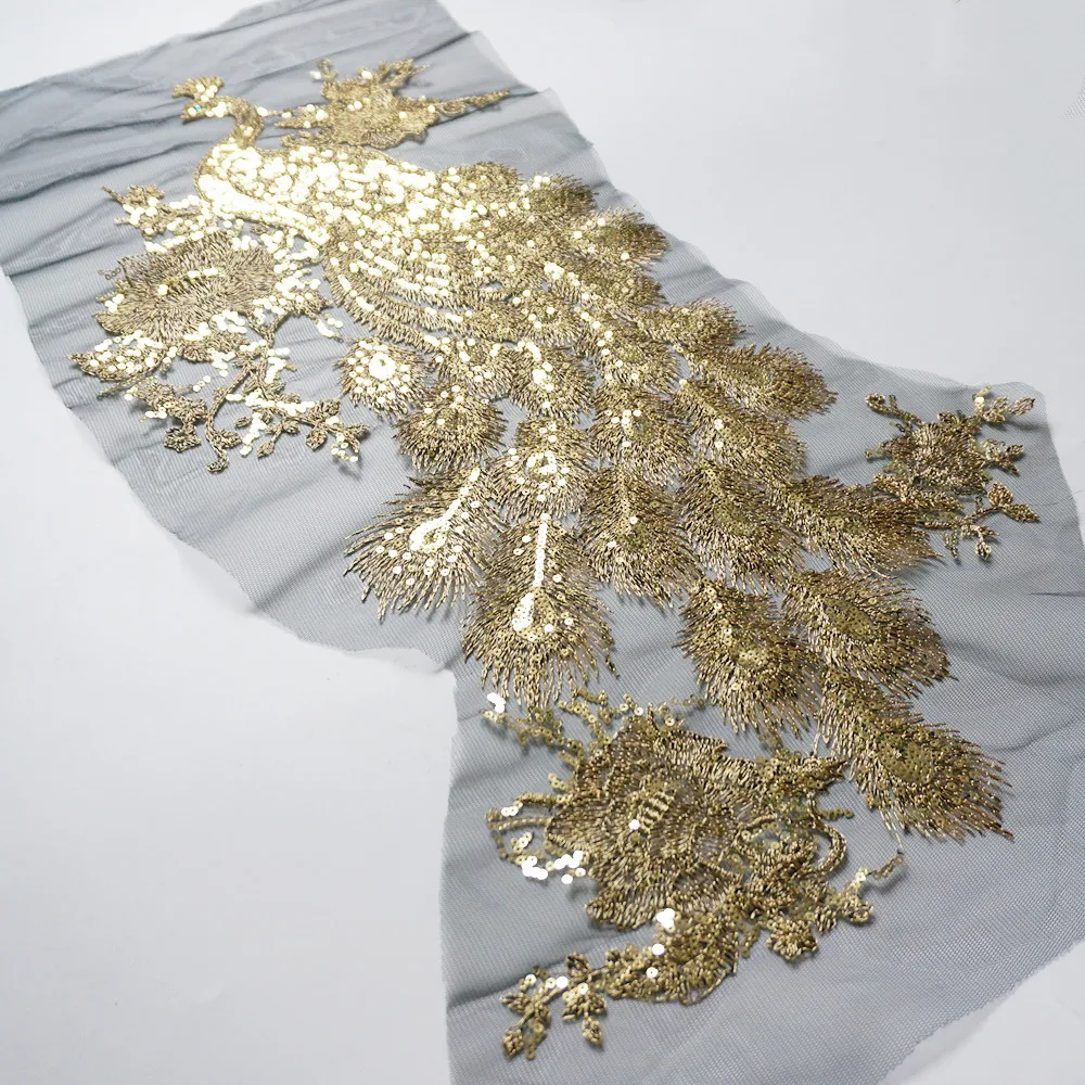 Gold Sequin Embroidered Peacock Birds Applique Lace Fabric Trimming Sewing Patch Wedding Gown Dress DIY Crafts