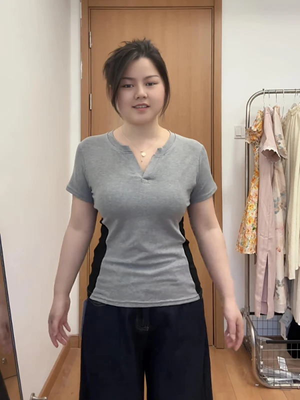 

plus Size Women's American Retro Color Blo ort Sve V-Ne Slim Fit T-irt Summer New Sle Base irt Top